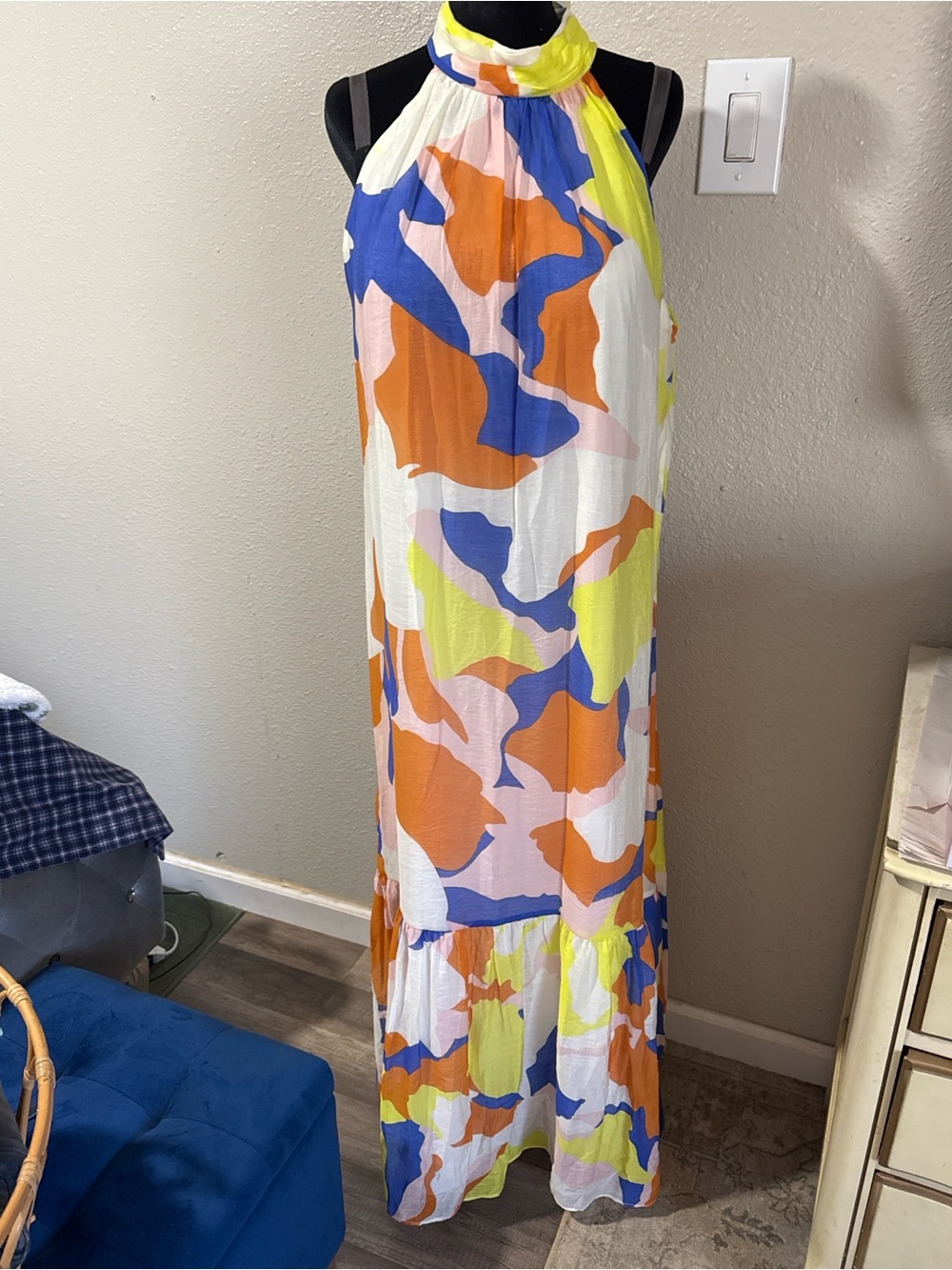 Cynthia Steffe Halter Maxi Dress in Orange, Blue, Pink & Yellow Abstract Print